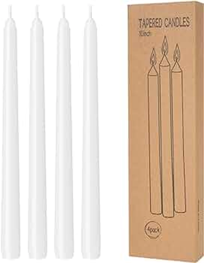 4 Pack White Taper Candles - Taper Candles 10 Inch Dripless, Smokeless & Unscented - 8 Hours Long Burning - Hand Poured Tall Candlesticks - Ideal for Weddings, Dinner Parties, and Home Decor