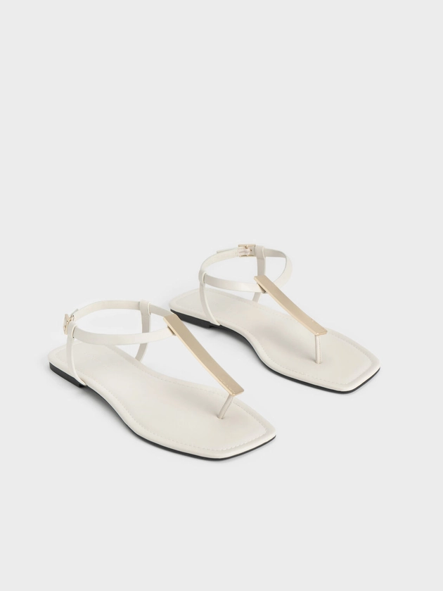 Metallic Accent T-Bar Thong Sandals - Charles & Keith