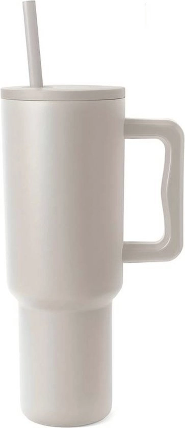 Drinkfles 1.100 ML Beige met Handvat en Rietje - Waterfles - Drinkbeker - Volwassenen - Tumbler - Thermosbeker - Travel Mug - Koffie To Go - Koffiebeker - Geschikt voor in de auto, camping, fitness - Thermoskan - Bidon - kado tip - Cadeau tip