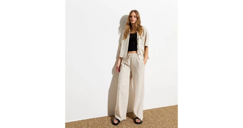 Stone Cotton-Linen Blend Wide Leg Trousers | New Look