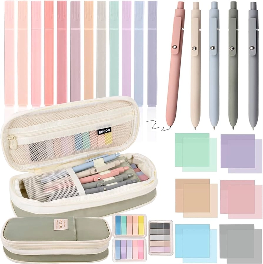 27 Pcs Aesthetic School Supplies Include 12 Pcs Aesthetic Highlighters Bible 1 Ppcs Big apacity Pen Case Bag 5 Pcs Retractable Quick Dry Gel Ink Pens 9 Pads Clear Sticky Tabs for School Office Home