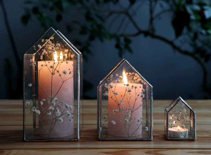 Pressed Gypsophila Candle Holder, Stained Glass Candlestick With Dried Plant, Wedding Tea Light Decor, Indoor Garden, Christmas Gift for Her - Etsy Japan