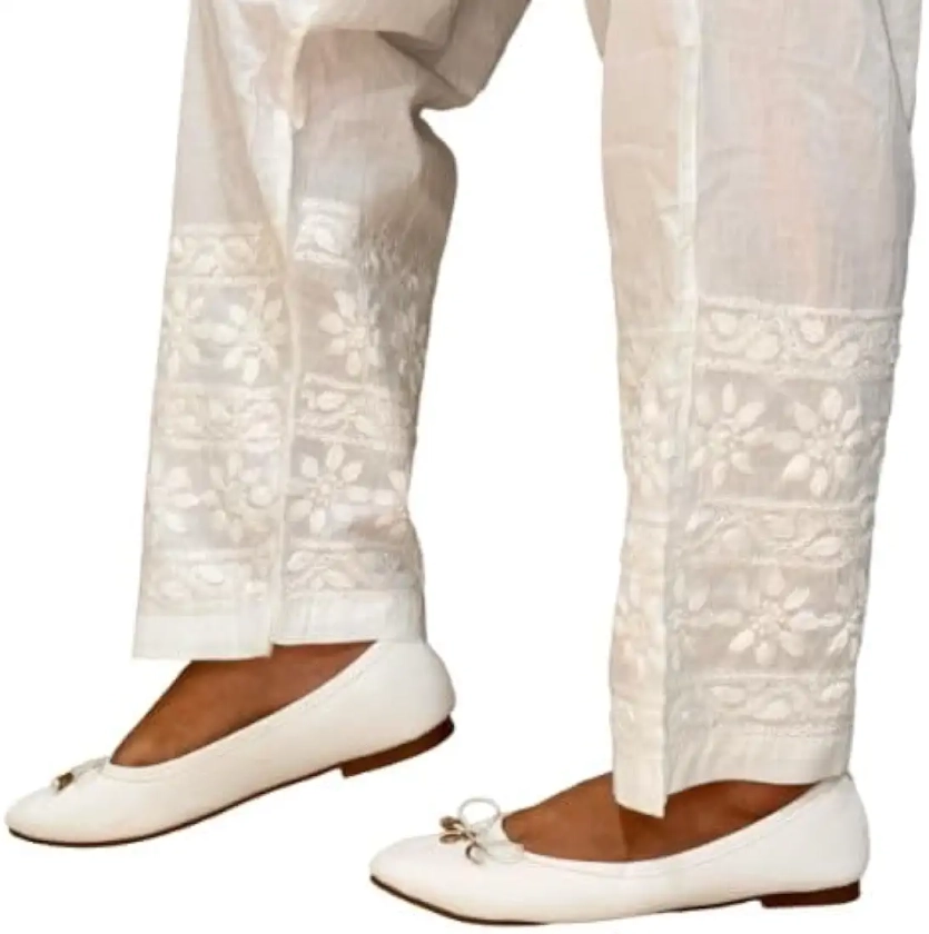 Buy White Chikankari Embroidered Cotton Pants for Women at Amazon.in