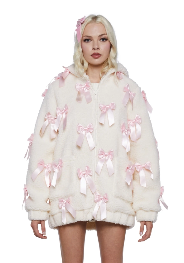 Sugar Thrillz Sherpa Jacket With Bows Girly - White