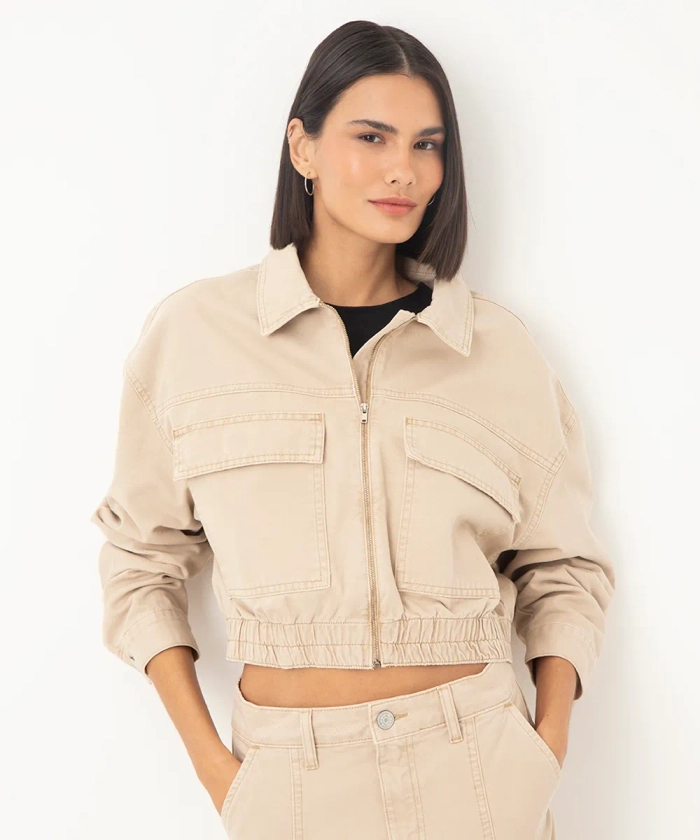 jaqueta bomber cropped sarja bege