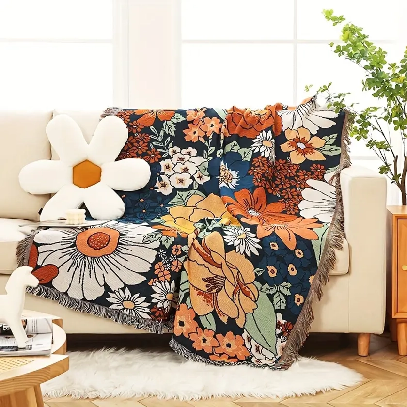 Floral Patterned Tapestry Fashion Themed Woven Throw Blanket - Temu