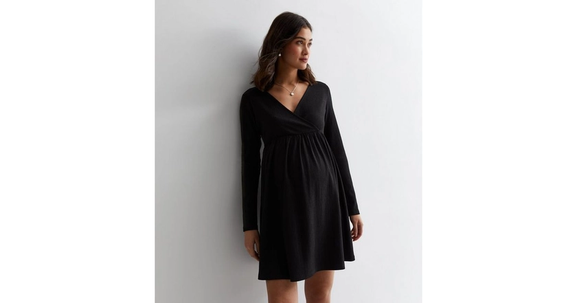 Maternity Black Crinkle Jersey Wrap Mini Smock Dress | New Look