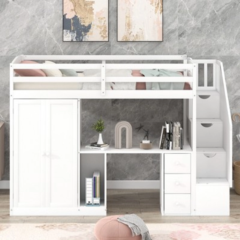 Twin Size Loft Bed with Wardrobe, Staircase, Desk and Storage Drawers, White - ModernLuxe