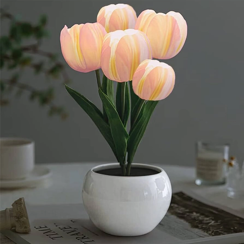 Flower Table Lamp Tulip Desk LED Night Light for Home Living Room Decor Artificial Flower with Vase Table Centerpieces for Birthday Holiday Party Wedding Room Decoration (Pink)…