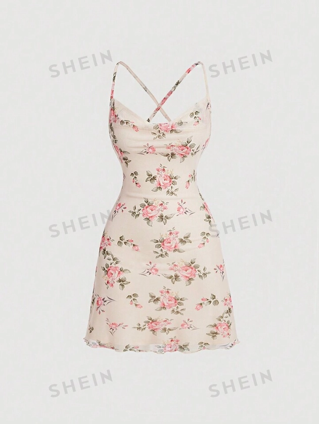 SHEIN MOD Women's Floral Print Spaghetti Strap Dress,Draped