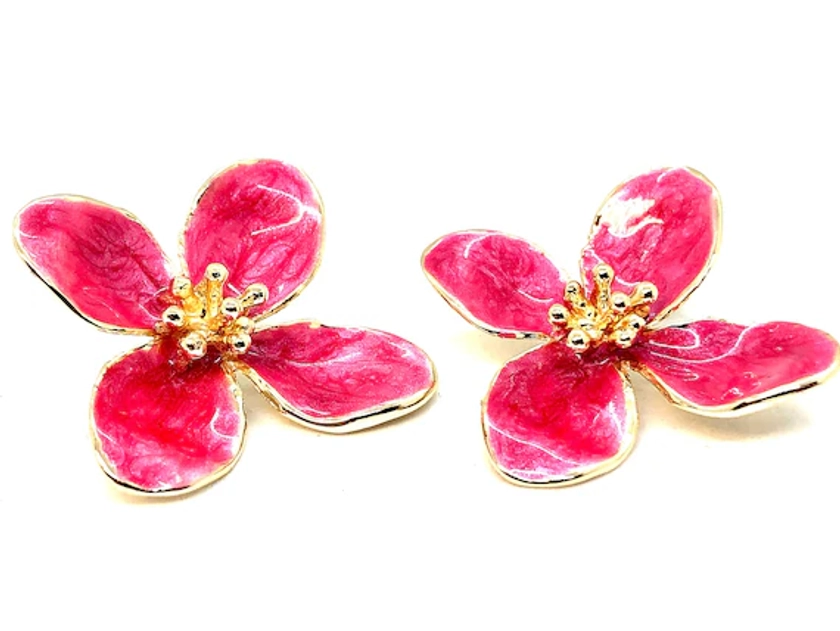 Stud Earrings Pink Flower E24