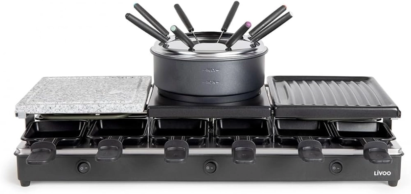 Livoo - Appareil à raclette/fondue 12 personnes - 5 en 1, puissance 1650 W, 3 thermostats