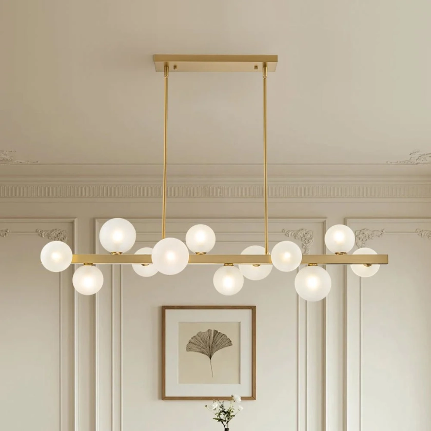 12-Light Brass Frosted Glass Bubble Linear Chandelier