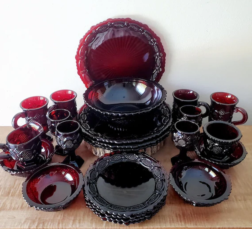 Vintage Avon Ruby Red Glass Dishes 1876 Cape Cod Cups Bowls and Plates, 23 Piece Set for 4 Guests