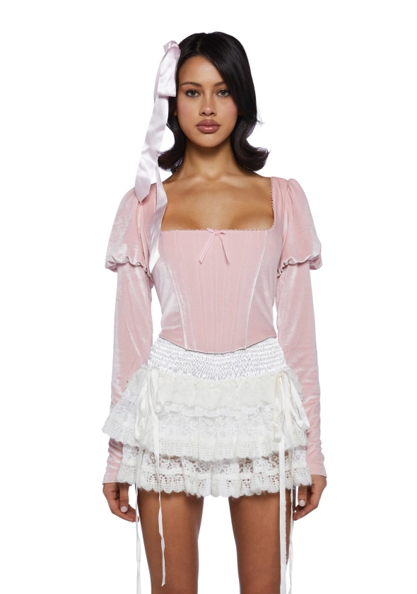 Sugar Thrillz Velour Long Sleeve Corset Top - Pink