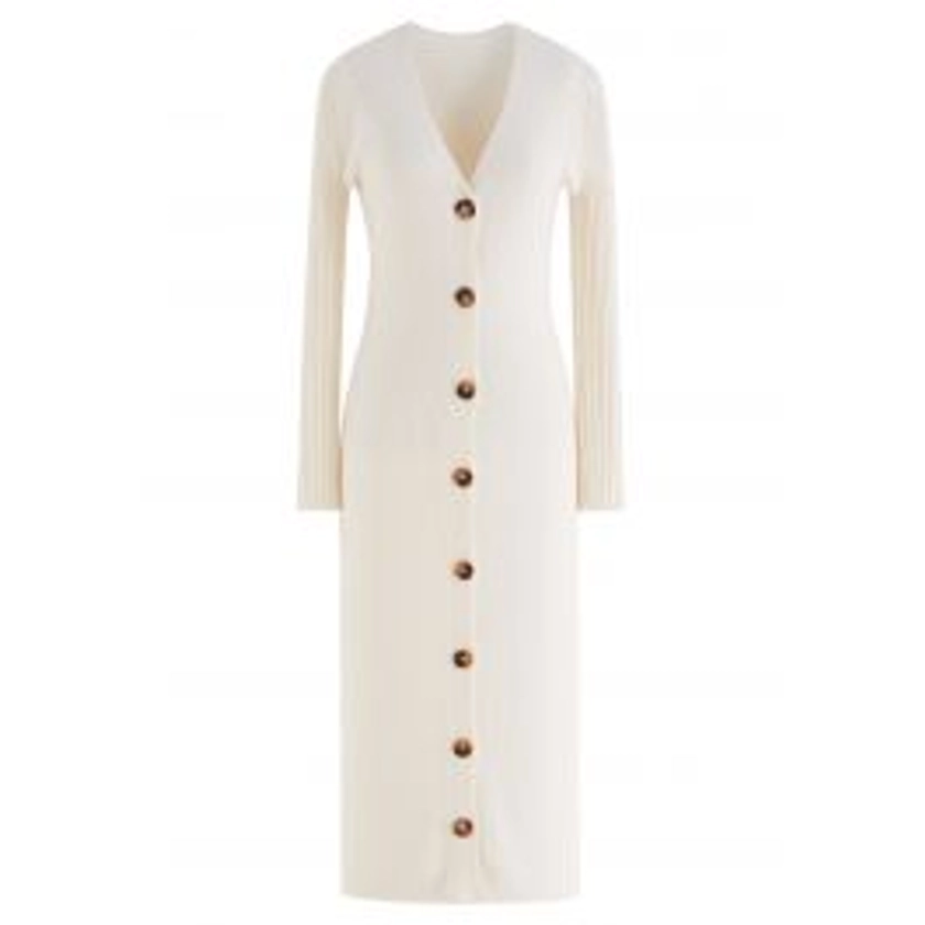 V-Neck Button Down Knit Midi Dress in Cream