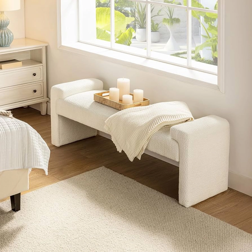 HULALA HOME 45" End of Bed Bench, Modern Fabric Upholstered Entryway Bench, Footrest Stool Accent Bench with Solid Wood Frame for Living Room,Ivory