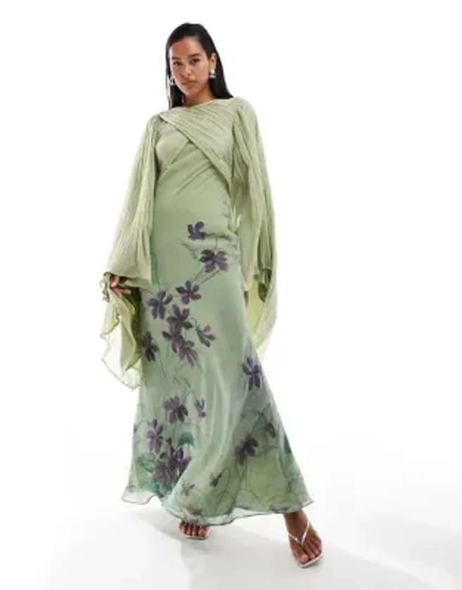 ASOS DESIGN - Robe longue croisée coupée en biais avec manches exagérées - Vert fleuri | ASOS