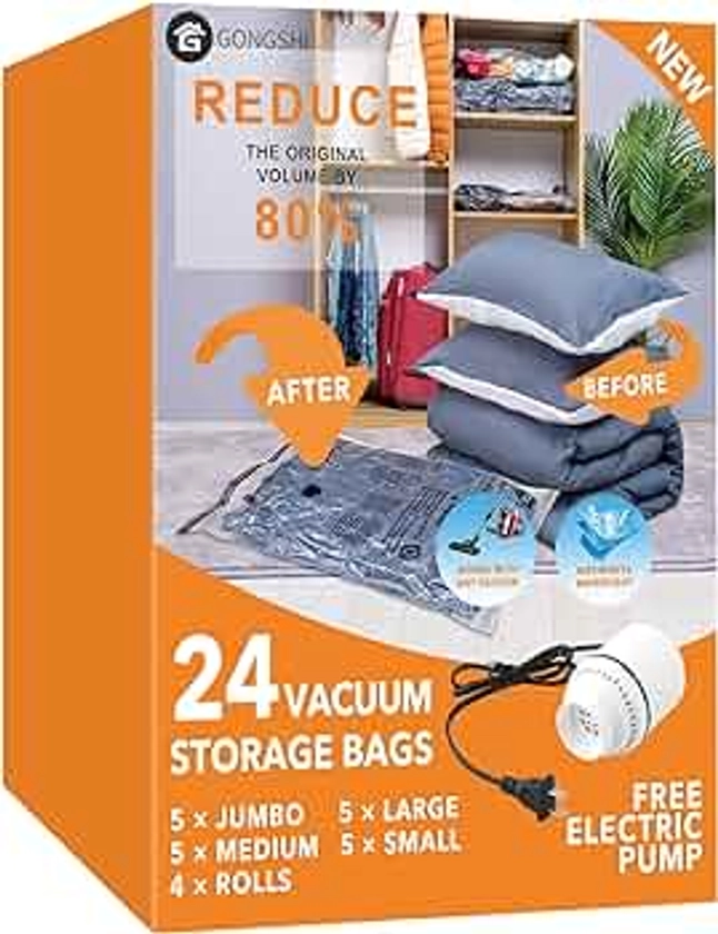 24 Pack Vacuum Storage Bags with Electric Pump, (5 Jumbo, 5 Large, 5 Medium, 5 Small, 4 Roll Up Bags) Space Saver Bag for Clothes, Mattress, Blanket, Duvets, Pillows, Comforters,Travel…