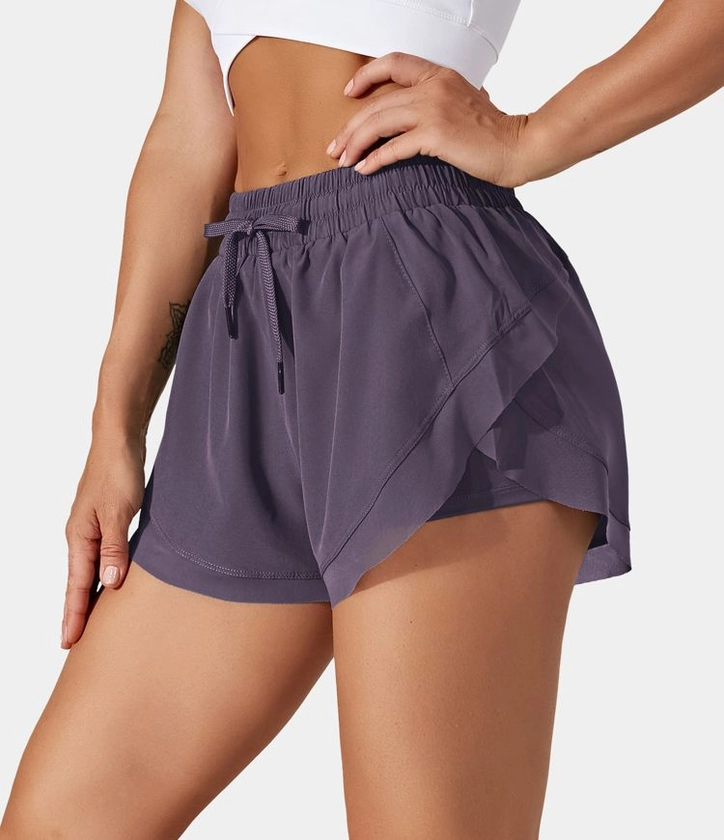 Women’s Mid Rise Drawstring Contrast Mesh 2-in-1 Flowy Running Shorts 3'' - Halara 