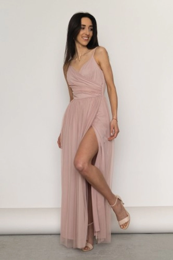 Amora - elegancka długa sukienka z tiulem pudrowy róż
