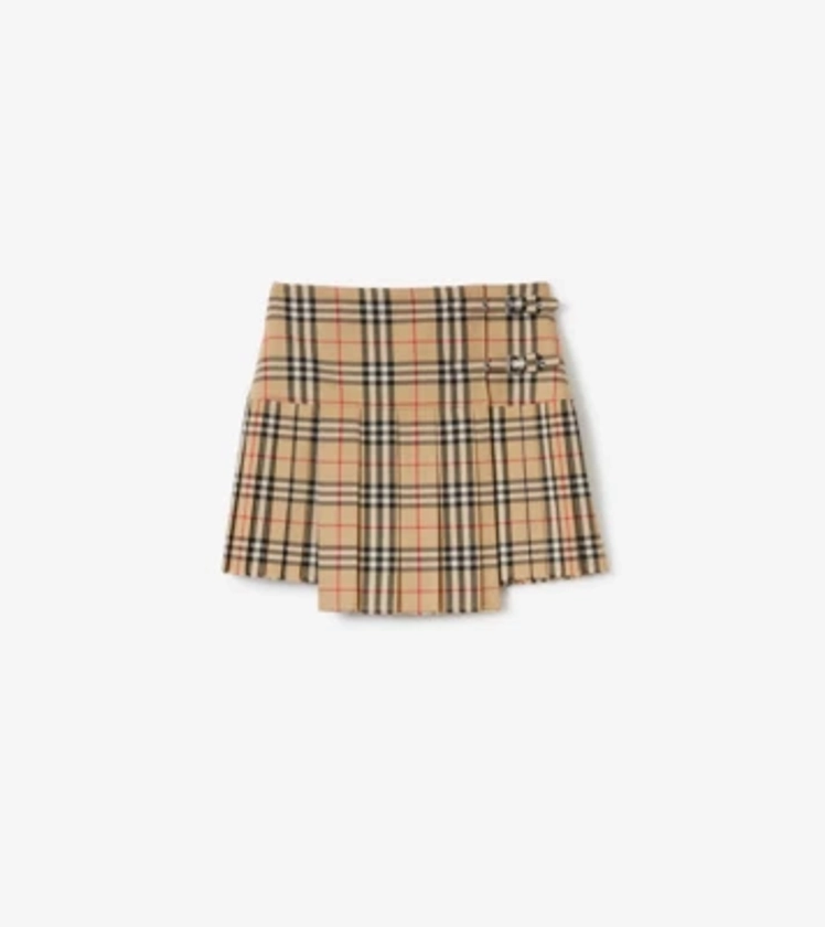 Pleated Check Wool Mini Kilt in Archive beige - Women | Burberry® Official