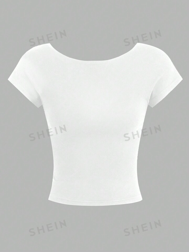 SHEIN EZwear T-shirt Décontracté Solide À Épaule Ouverte Et Dos Nu Pour Femme, Parfait Pour L'été