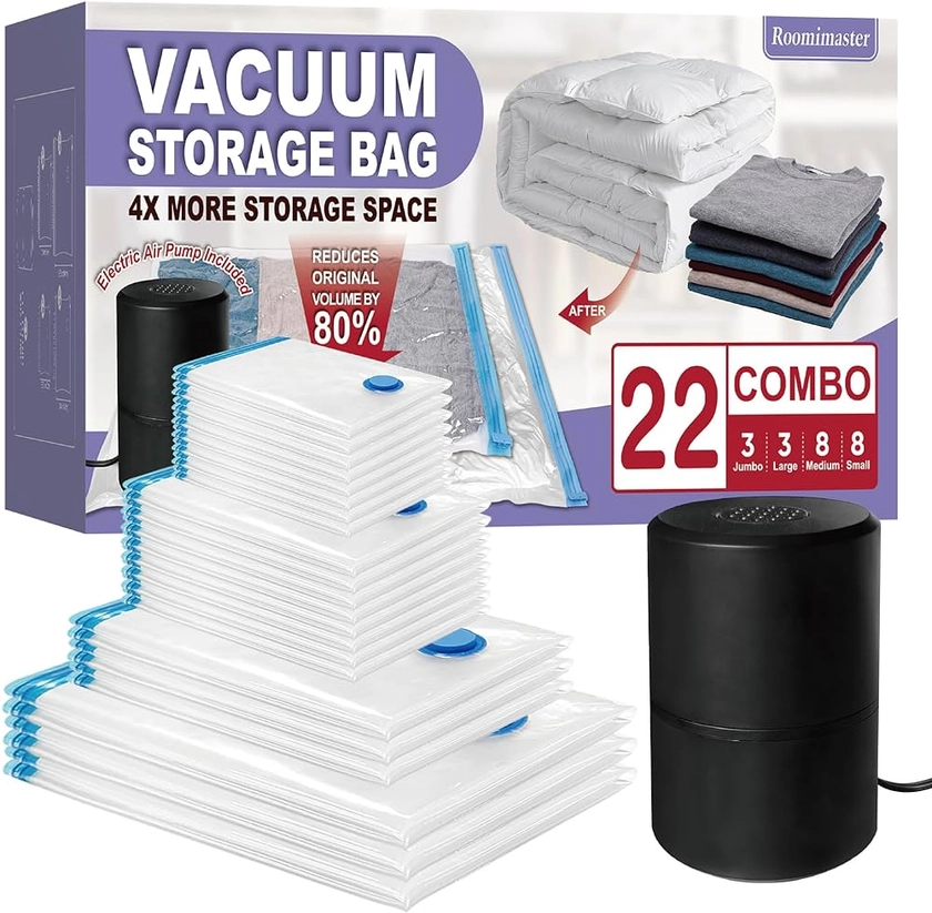 Vacuum Storage Bags with Electric Pump, 22 Combo (3Large/3Jumbo/8Medium/8Small) Space Saver Bags Vacuum Seal Bags with Pump, Space Bags, Vacuum Sealer Bags for Clothes, Comforters, Blankets, Bedding