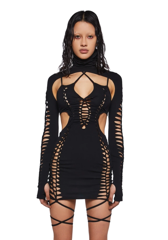 Darker Wavs Shredded Mini Dress With Shrug - Black