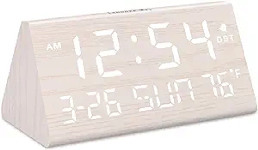DreamSky Digital Alarm Clocks for Bedrooms - Wooden Electric Clock for Living Room Decor, USB Charging Ports, Date, Weekday, Temperature, Dimmer, Adjustable Volume, Snooze, Auto DST, White Wood