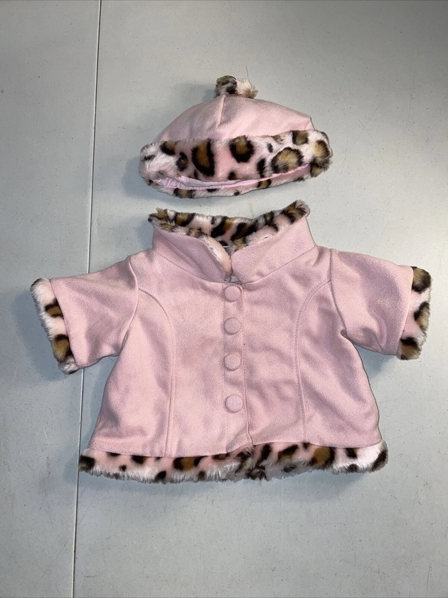 Build-a-Bear Workshop Clothing -- Pink Suede Winter Coat & Hat w/ Leopard Print