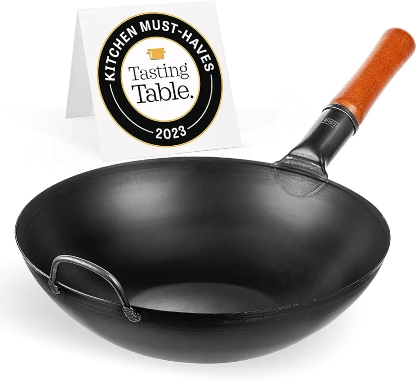 Yosukata Woks Et Poêles à Frire 34 cm - Wok à Fond Plat Pré-assaisonné - Wok Acier Carbone Noir- Wok Pour Induction, Plaques Électriques, Gaz Et Feu Ouvert - Wok Chinois Traditionnel