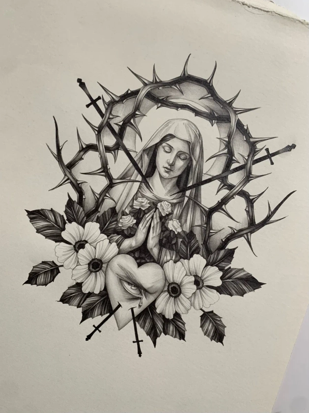 Print - Framed Mary and Heart - Graphite on A4 Watercolour Paper