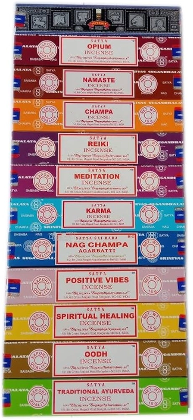 Satya Lot de 12 Paquets d'encens de 15 g Comprenant : Nag, Super Hit, Oodh, Positive Vibes, Namaste, Champa, Opium, Reiki, Spiritual Healing, Karma, Ayurveda Traditionnel et méditation, Bois, : Amazon.fr: Cuisine et Maison