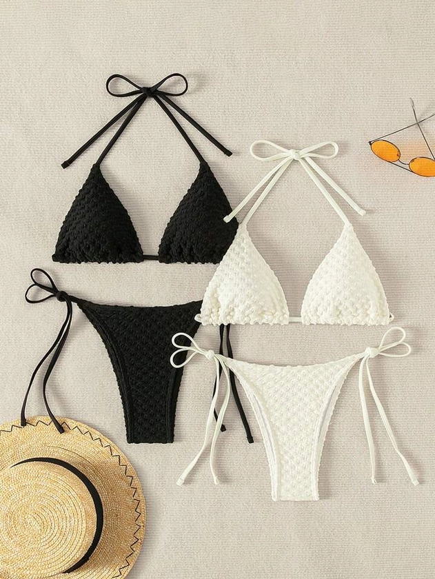 SHEIN Swim Basics 2sets Halter Triangle Tie Side Bikini Swimsuit | SHEIN UK