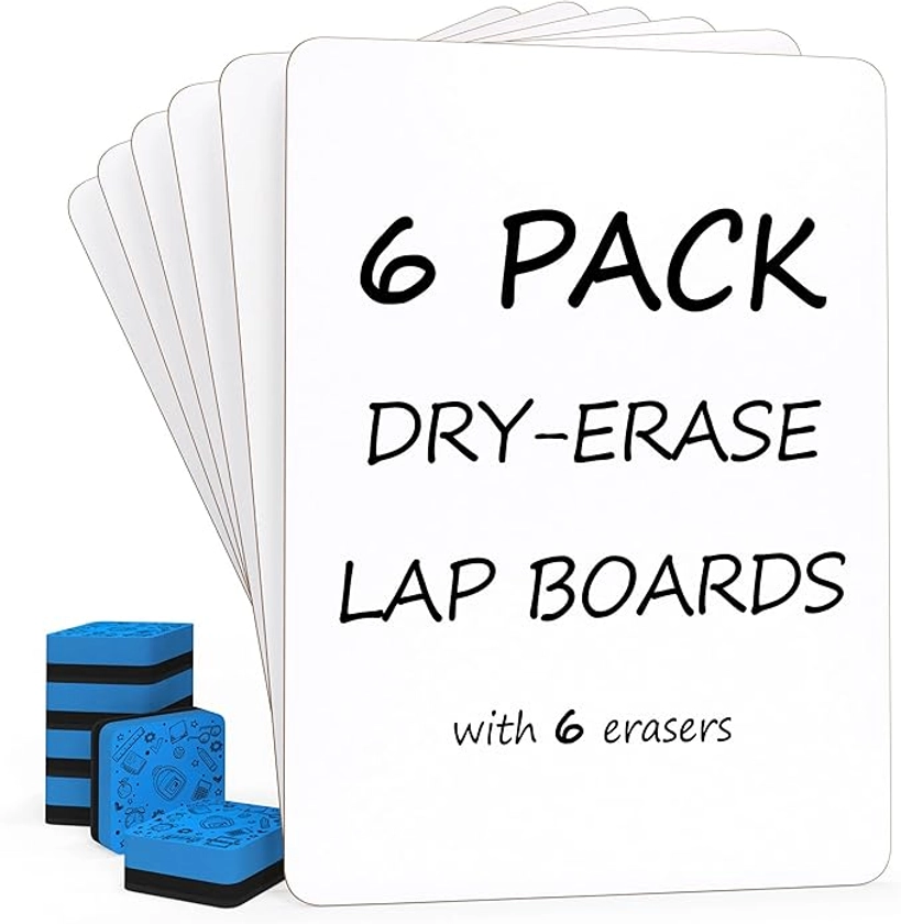 Scribbledo 6 Pack Small White Board Dry Erase Boards Classroom Pack Mini White Boards 9" x12” Personal Whiteboards for Students Teachers School Supplies Lapboards l 6 Mini Whiteboard Erasers Included