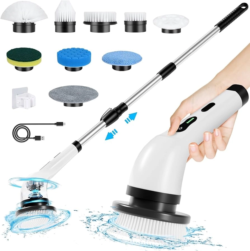Electric Spin Scrubber Cordless, Electric Scrubber for Cleaning Bathroom with Long Handle, Electric Shower Scrubber, Power Cleaning Brush with 9 Brush Heads for Bathtub Tile Floor Car