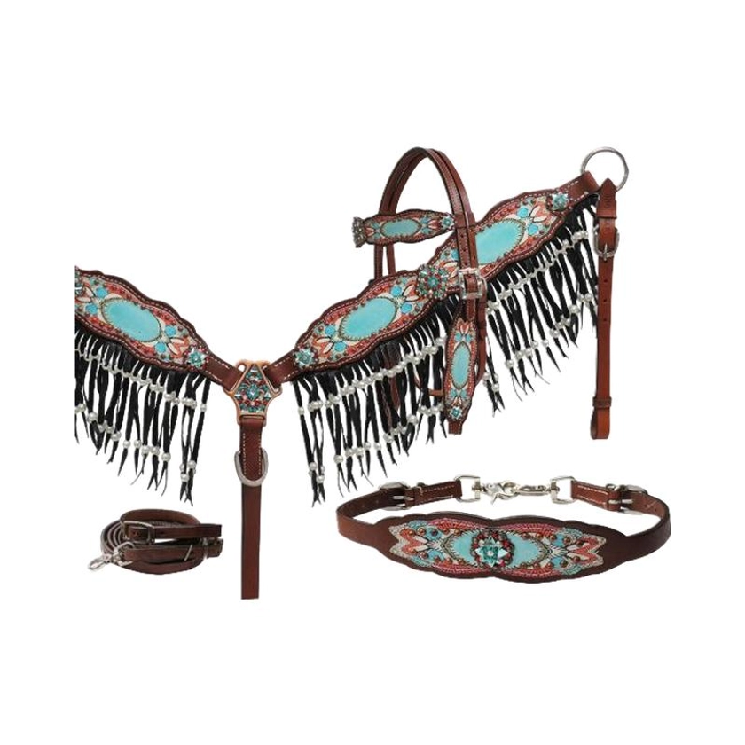 Showman Antique Inspired Print Overlay Headstall, Breast Collar And Wither Strap Set With Pearl Fringe - Eqbay