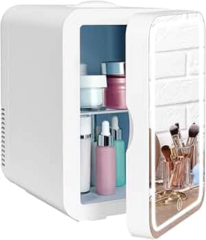 YU YUSING Mini Frigo 8L avec Miroir LED, Mini Réfrigérateurs Portable, Petit Frigo Cosmetique 12V/220V, Frigo de Chambre avec Fonction Chaud/Froid, Miroir de Maquillage Led pour voitures,blanc