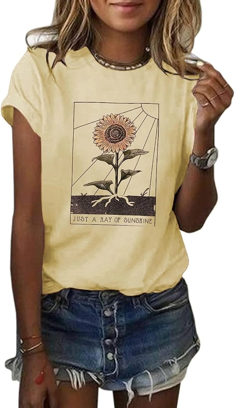 Anbech Womens Dandelion Graphic T-Shirts Teen Girls Cute Sunflower Print Casual Tee Tops