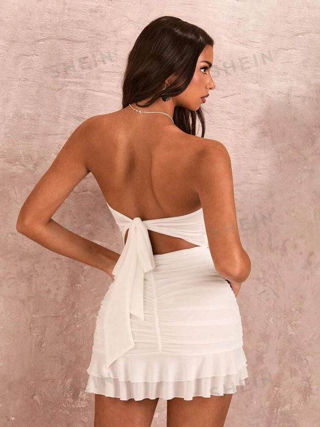 SHEIN BAE Summer White Sweetheart Neckline Back Bow Decor Strapless Bodycon Dress With Ruffle Hem For Women