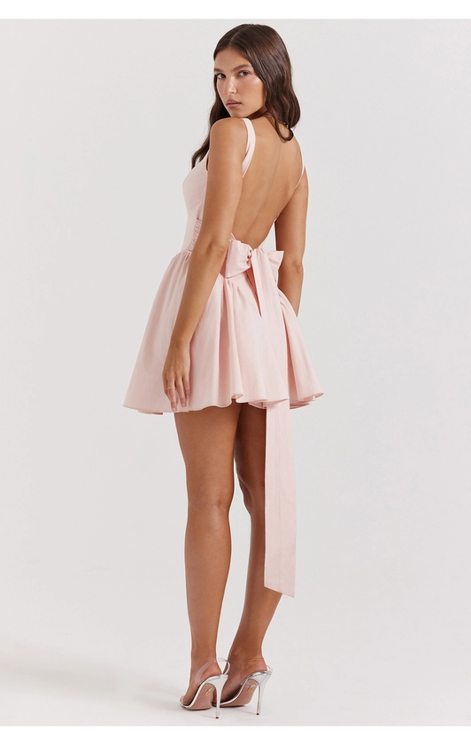 Clothing : Mini Dresses : 'Florianne' Soft Peach Bow Mini Dress