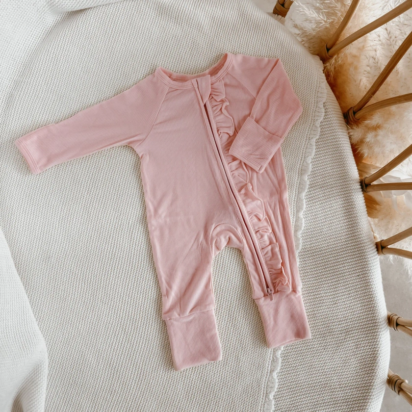 Ribbed Frill Bamboo Zip Growsuit - Peony Pink