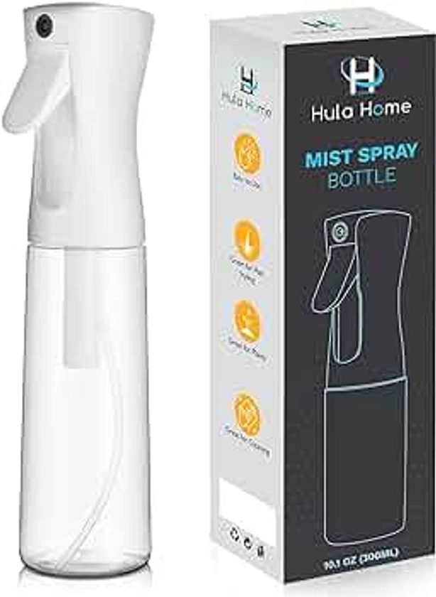 Hula Home Continuous Spray Bottle for Hair (10.1oz/300ml) Empty Ultra Fine Plastic Water Mist Sprayer – For Hairstyling, Cleaning, Salons, Plants, Essential Oil Scents & More - White