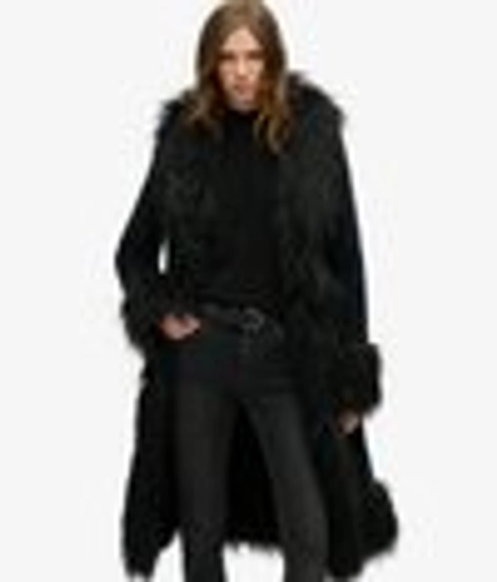 womens Faux Fur Lined Longline Afghan Coat in Black | Superdry IE