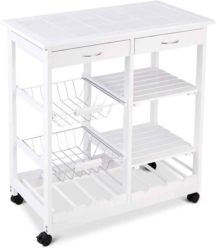 COSTWAY Kitchen Serving Trolley, Rolling Storage Bar Cart with Tile Worktop, Wine Racks, Mesh Baskets, Drawers & Shelves, Wooden Kitchen Island on Wheels for Home Restaurant (White) : Amazon.co.uk: Home & Kitchen