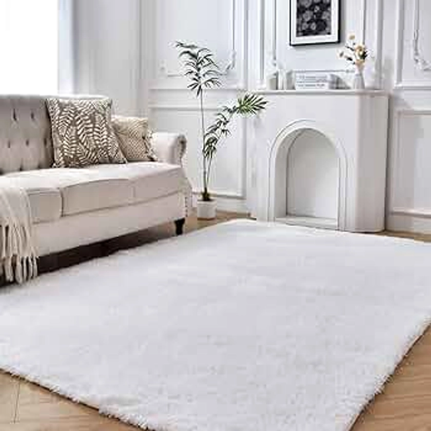 Floralux 5x8 Large Shag Area Rugs for Living Room Bedroom, White Indoor Soft Fuzzy Plush Rugs, Upgrade Non-Slip Modern Rugs Fluffy Carpets for Kids Room Nursery