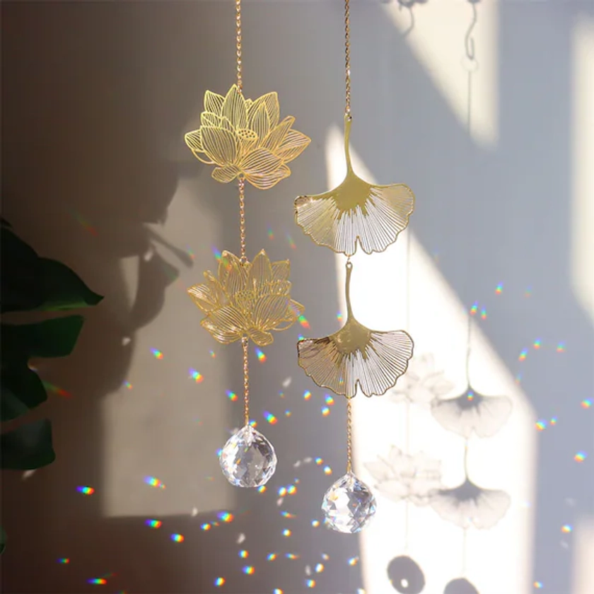 Floral Suncatcher | Sun catcher  | Hanging Crystal | Spring Gift | Lotus Flower | Ginkgo Leaf | Rainbow Maker | Yard Art | Housewarming gift