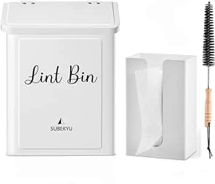 SUBEKYU Magnetic Lint Bin and Dryer Sheet Holder Set for Laundry Room, Metal Lint Trash Can with Lid and Lint Box Magnetic for Mounting on Dryer,Wall Mount Lint Bin for Laundry Room,White