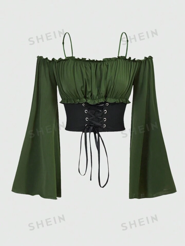 ROMWE Fairycore Women's Green Spaghetti Strap Off Shoulder Short Shirt